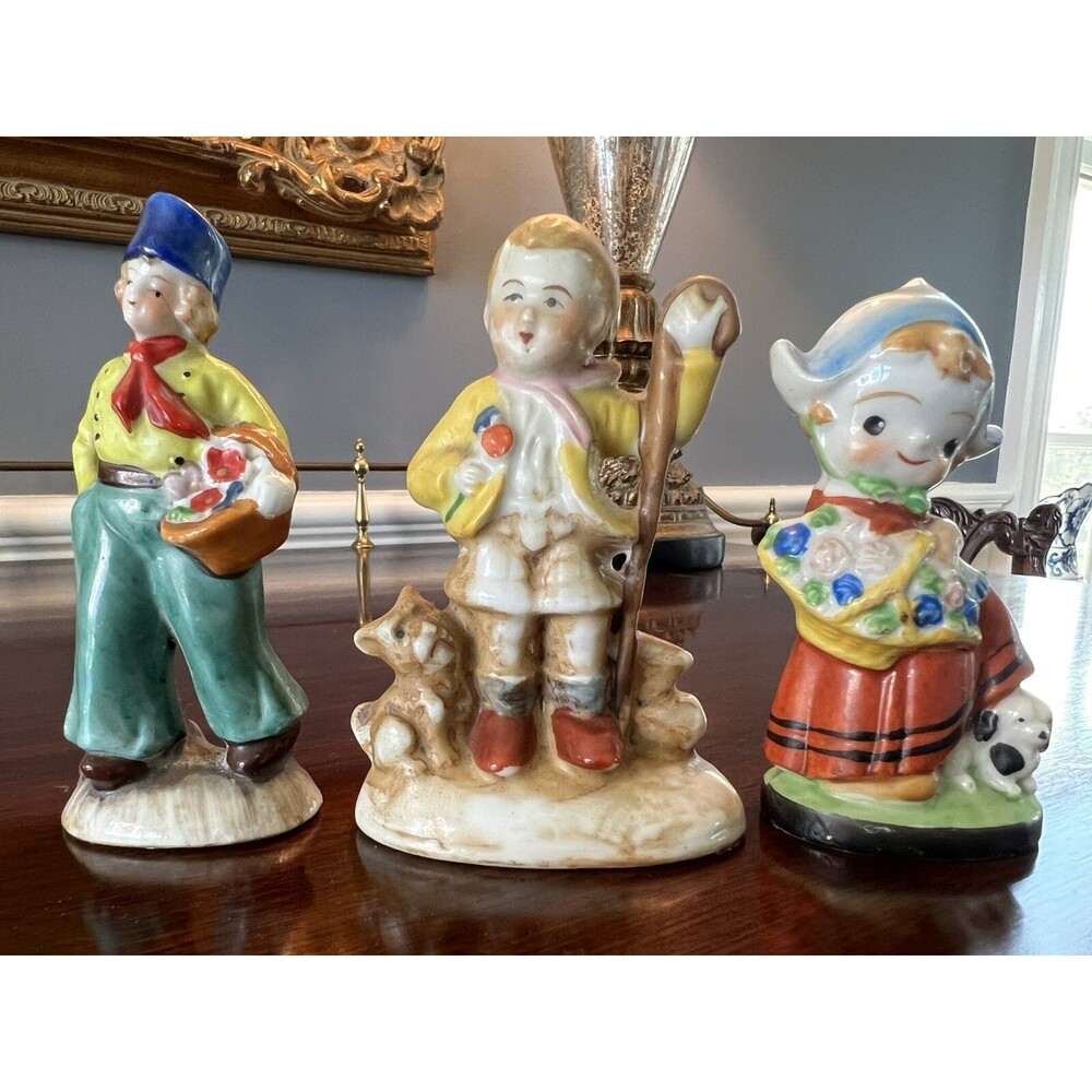 Occupied Japan Figurines Girl with Dog and Boy with Cat Cute Kitsch Vintage